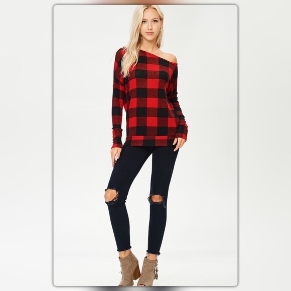 Buffalo Plaid Red and Black One Shoulder Sweater - Picture 2 of 3